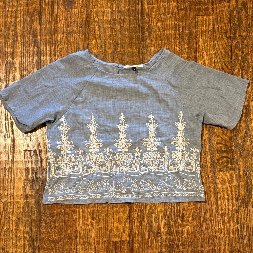 Miami Embroidered Boho Crop Top Blue Linen Short Sleeve Size M